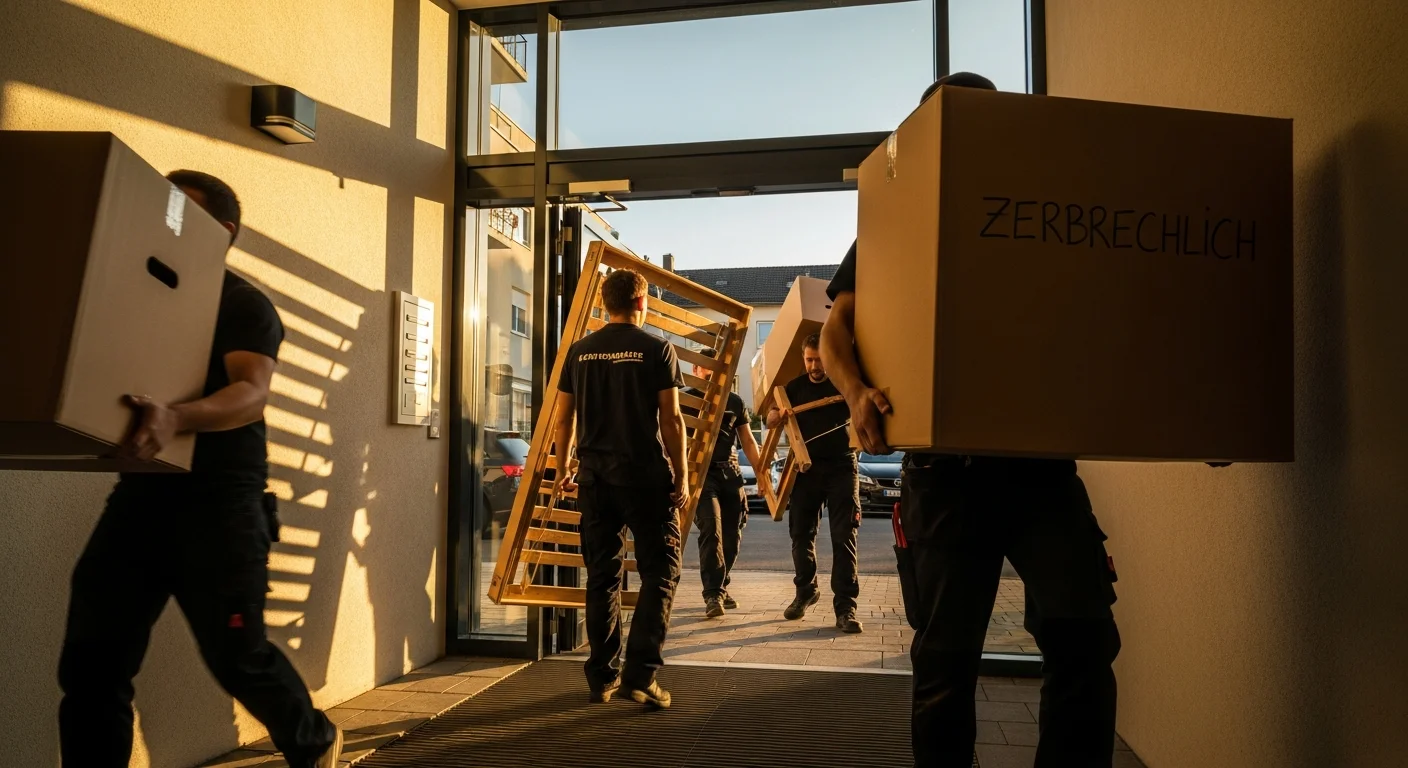 Umzugsteam trägt Kartons in ein Wohnhaus